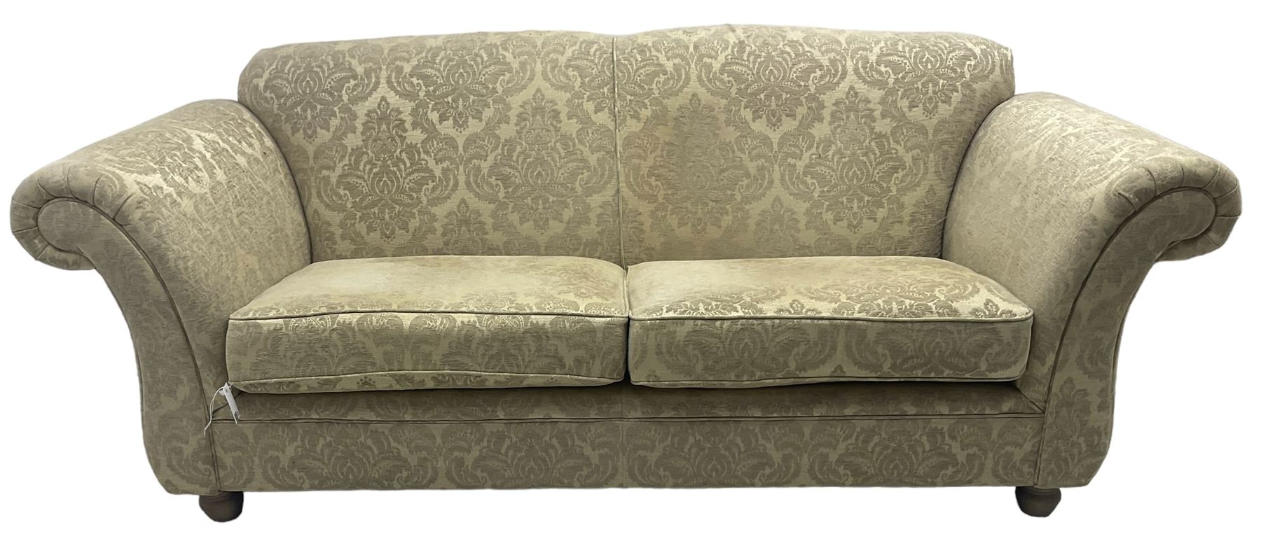 Traditional design three-piece lounge suite - three-seat sofa (W220cm, H90cm, D90cm); two armchairs (W115cm); and two footstools (77cm x 43cm, H31cm); upholstered in cream damask fabric