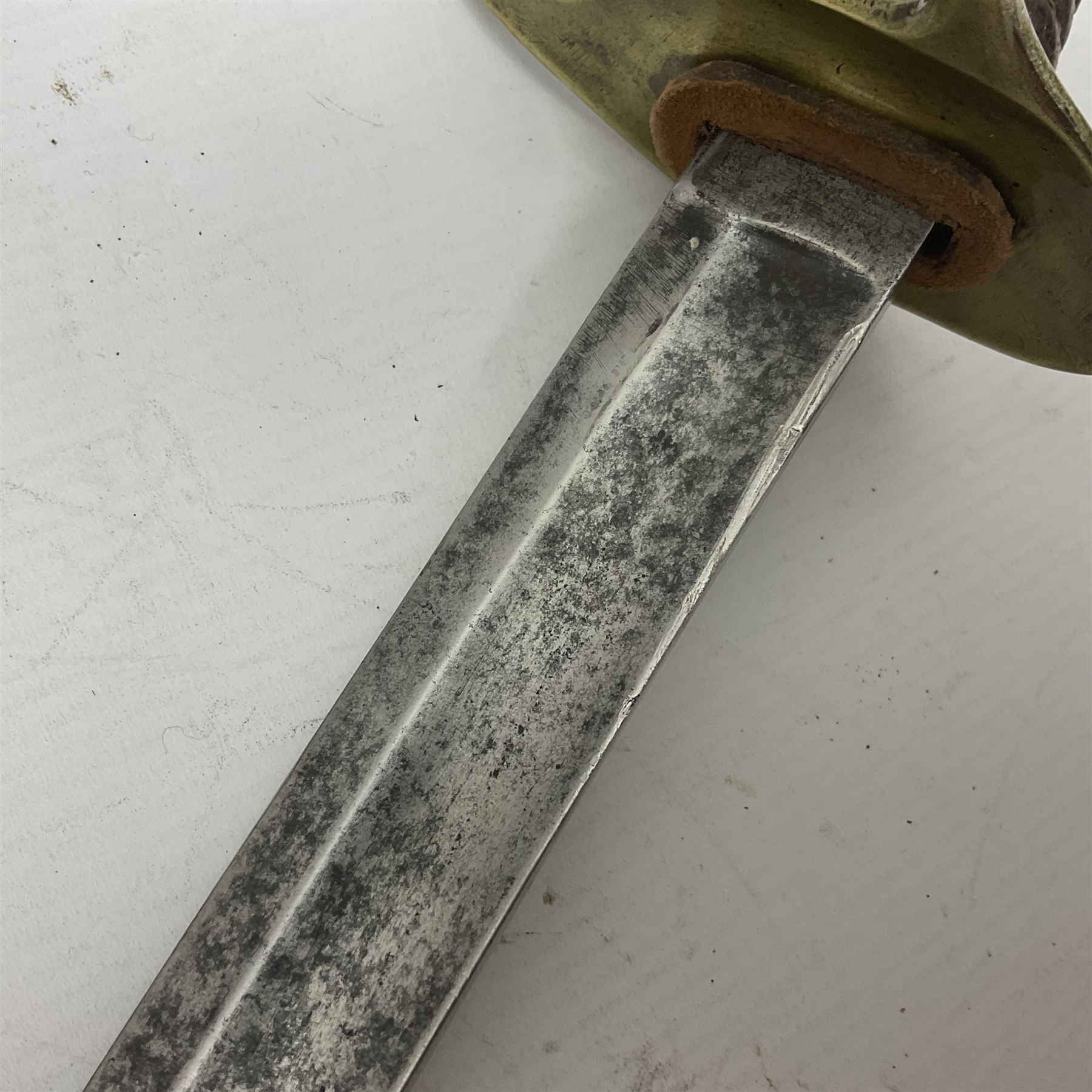 19th century French 1822 Pattern Light Cavalry trooper's sword with 88.5cm slightly curving fullered blade, brass three-bar hilt and wire-bound leather grip; in polished steel scabbard with two suspension rings L110.5cm overall