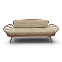 Lucian Ercolani for Ercol - 'Studio Couch' model no. 355, elm and beech framed, with loose geometric cushions