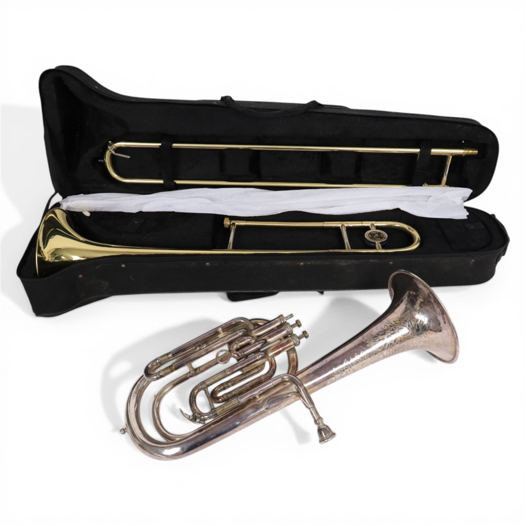 Ammoon brass trombone and a Besson Prototype tenor horn, both cased