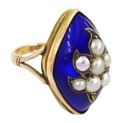 19th / early 20th century 9ct gold marquise shaped ring, the central flower design split pearl  decoration, with blue enamel surround