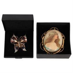 Trifari silver butterfly brooch and a gilt metal ceramic cameo brooch