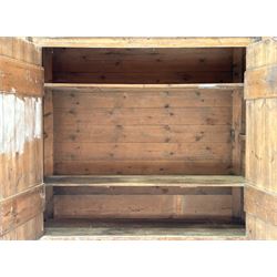 19th century pine country house kitchen cupboard, the two doors opening on strap hinges and enclosing two shelves. H174cm, W184cm, D61cm - COLLECTION BY APPOINTMENT FROM: The White House, Thirsk Road, Easingwold, York, YO61 3NF - CALL 01723 507111 TO ARRANGE