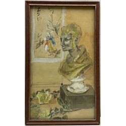 Japanese School (20th Century): Bust Beside a Window, watercolour bearing inscription, together with two woodblock prints, one with 'Blessing' script and the other depicting a mythical scene, max 33cm x 33cm (2)