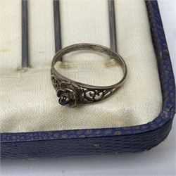 Set of six silver plated cocktail sticks, with acorn finials, hallmarked silver christening cup, silver ring and earrings and a costume jewellery cameo bracelet 