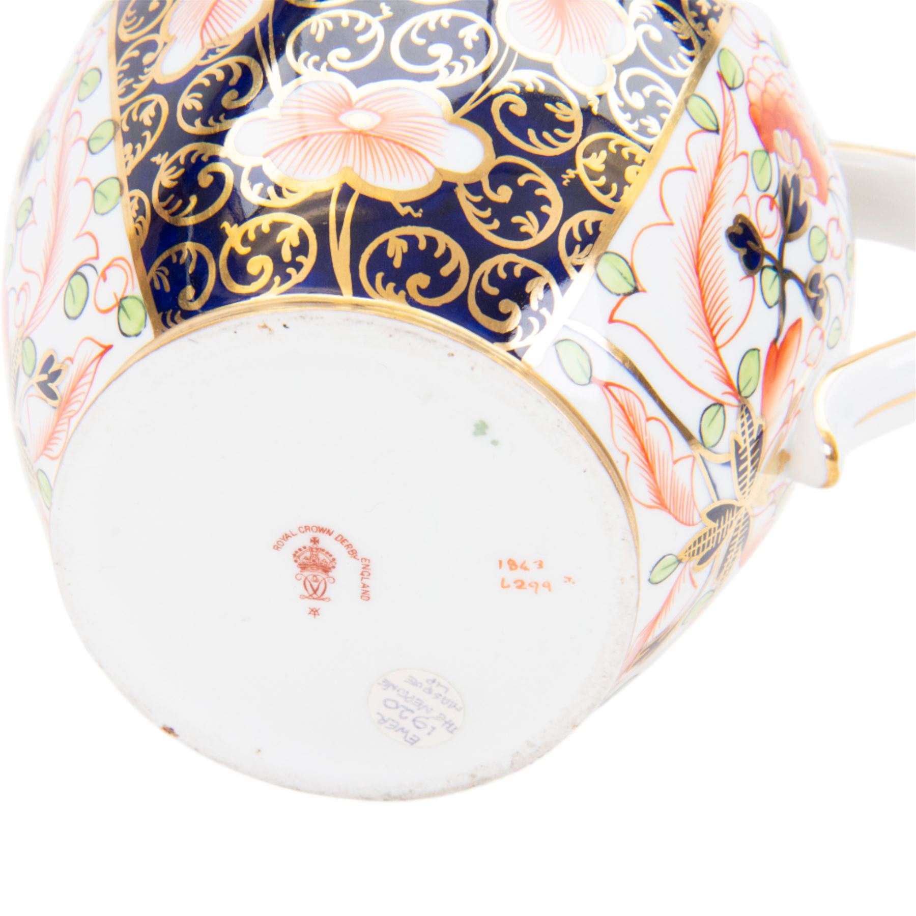 Royal Crown Derby Witches pattern jug, circa 1920s, with mask lip and gold rim, H15cm
