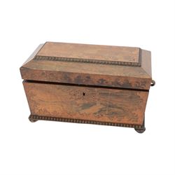 Victorian rosewood inlaid tea caddy, of sarcophagus form with twin ring handles, the interior with two lidded compartments  and later central mixing bowl, upon four bun supports, H32cm