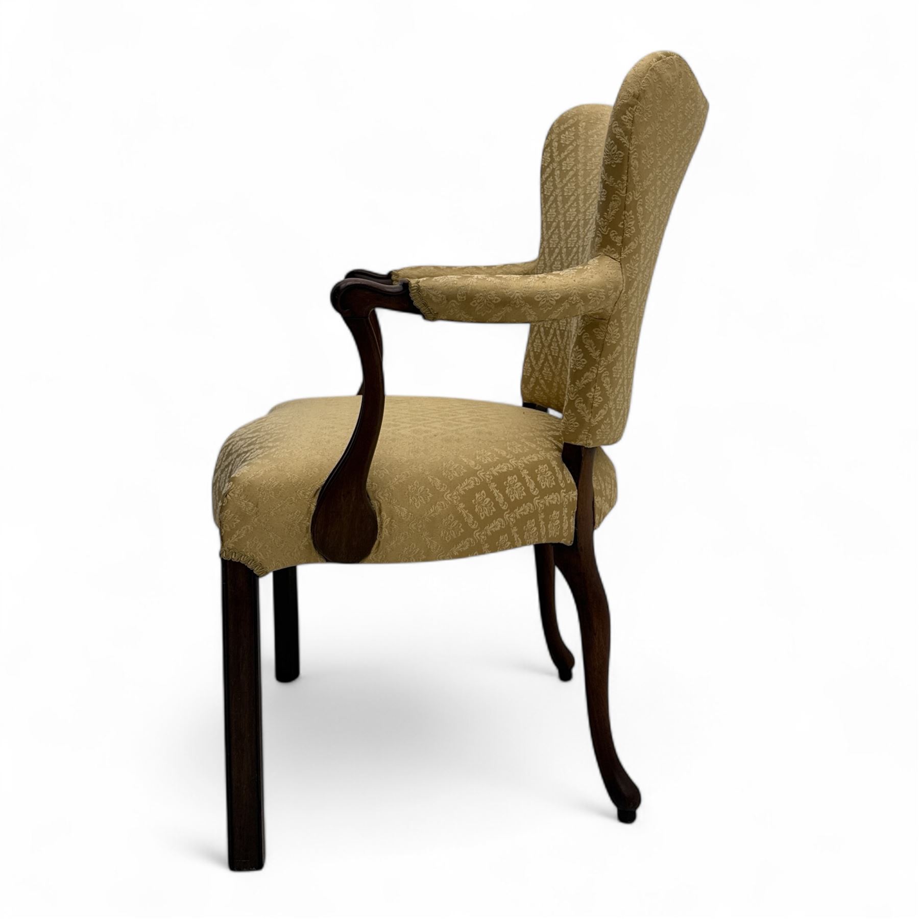 Pair of 19th century Hepplewhite style armchairs, shaped serpentine back over seat upholstered in gold damask fabric, with padded outswept arms and serpentine front rail, on moulded mahogany foreleg