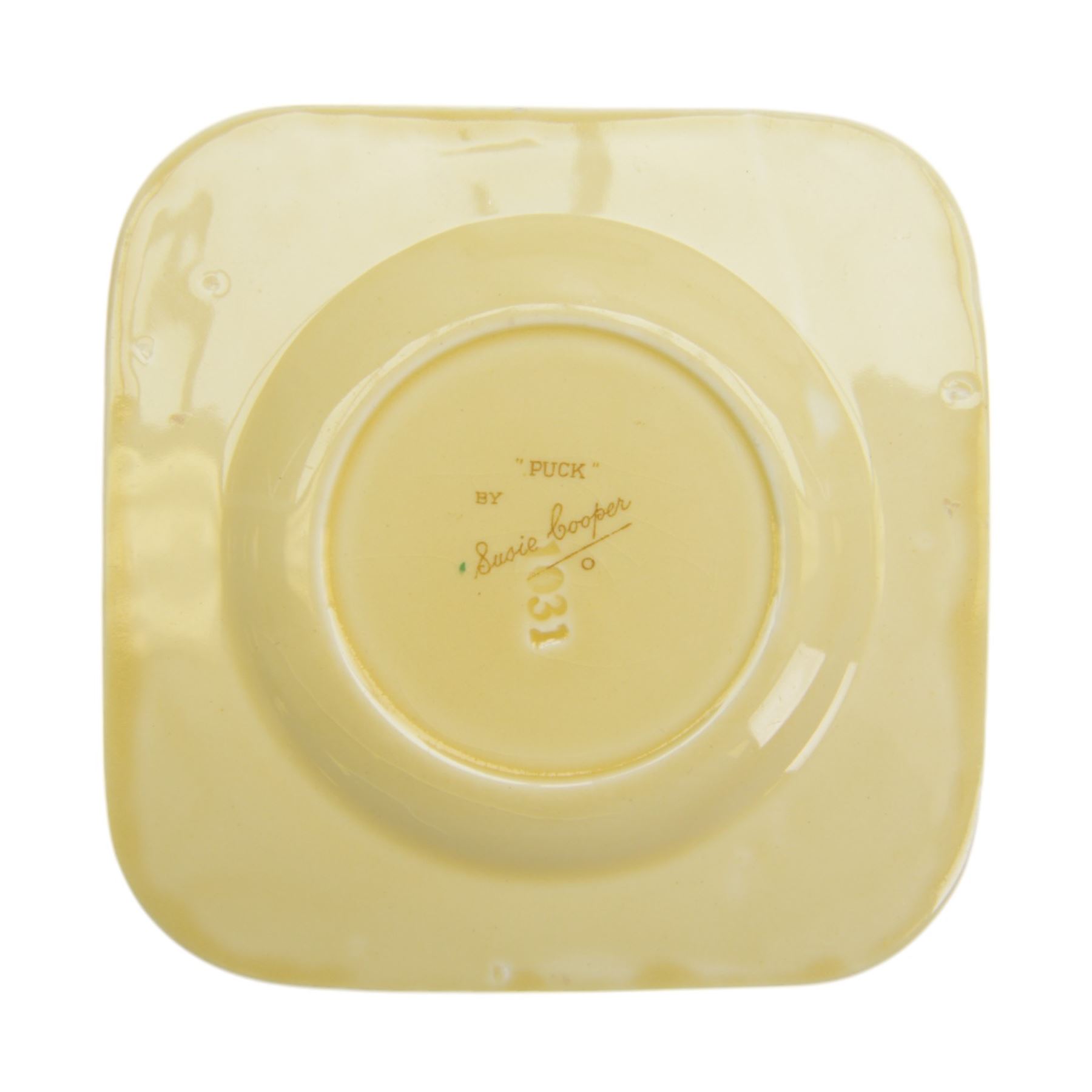 Susie Cooper Puck pattern twin-handled tray and four serving plates, decorated with a dancing figure and toadstools, tray L32cm plates D13cm