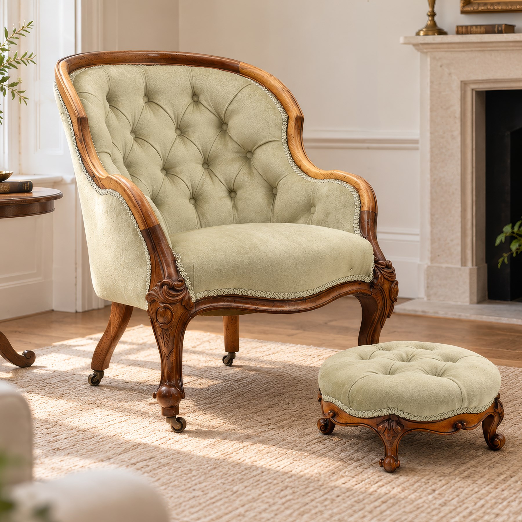 Victorian carved walnut framed armchair with matching stool, the tub-shaped chair with moulded and shaped frame and arm terminals, raised on scrolled cartouche carved supports with scroll feet and castors, buttoned back and sprung seat upholstered in sage green fabric; the small circular footstool with buttoned seat and scroll supports (W36cm H15cm)