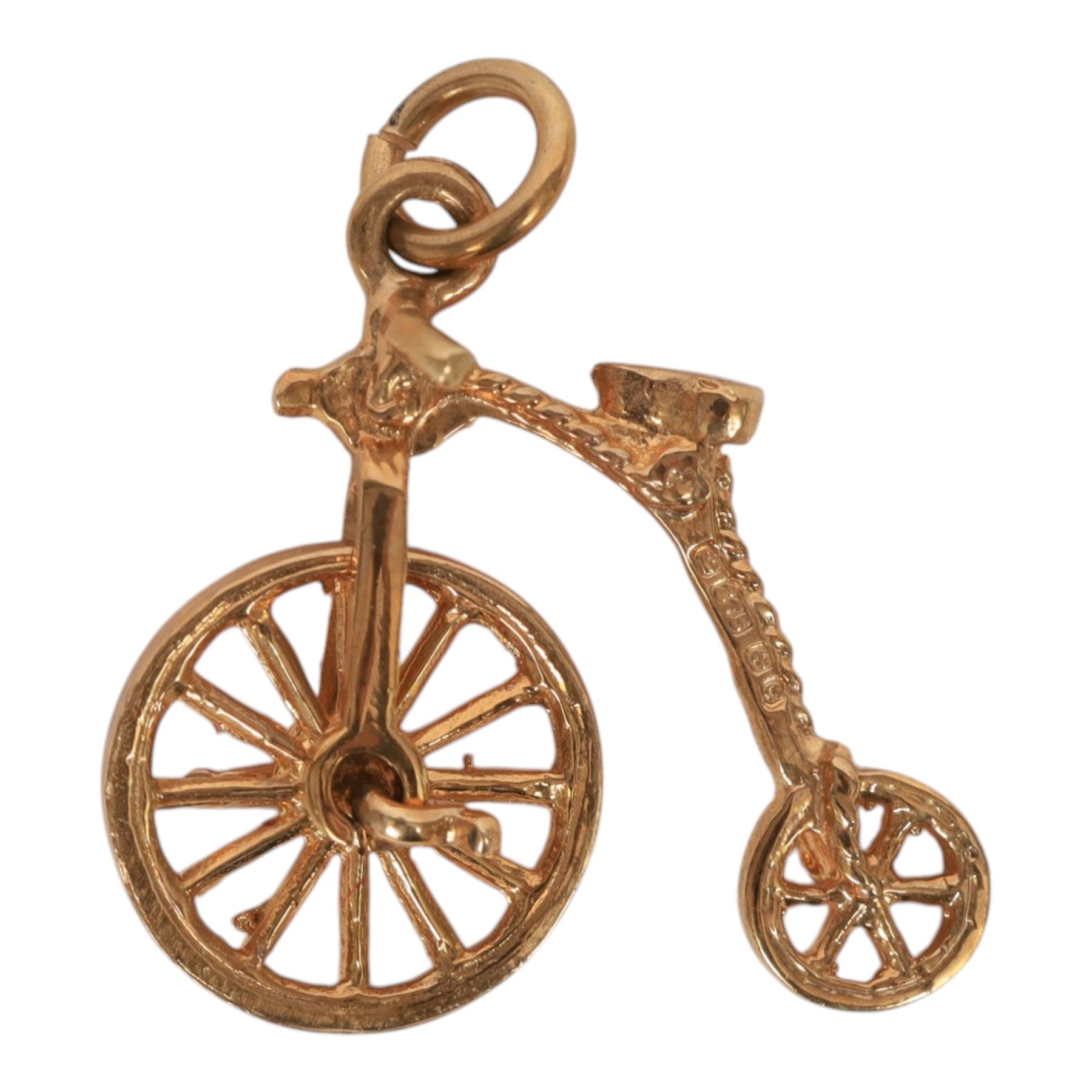 Four 9ct gold charms including penny-farthing, car, lamp and well, all hallmarked