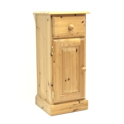  Solid pine narrow bedside lamp cabinet fitted with drawer and single cupboard, W35cm, H79cm, D33cm  