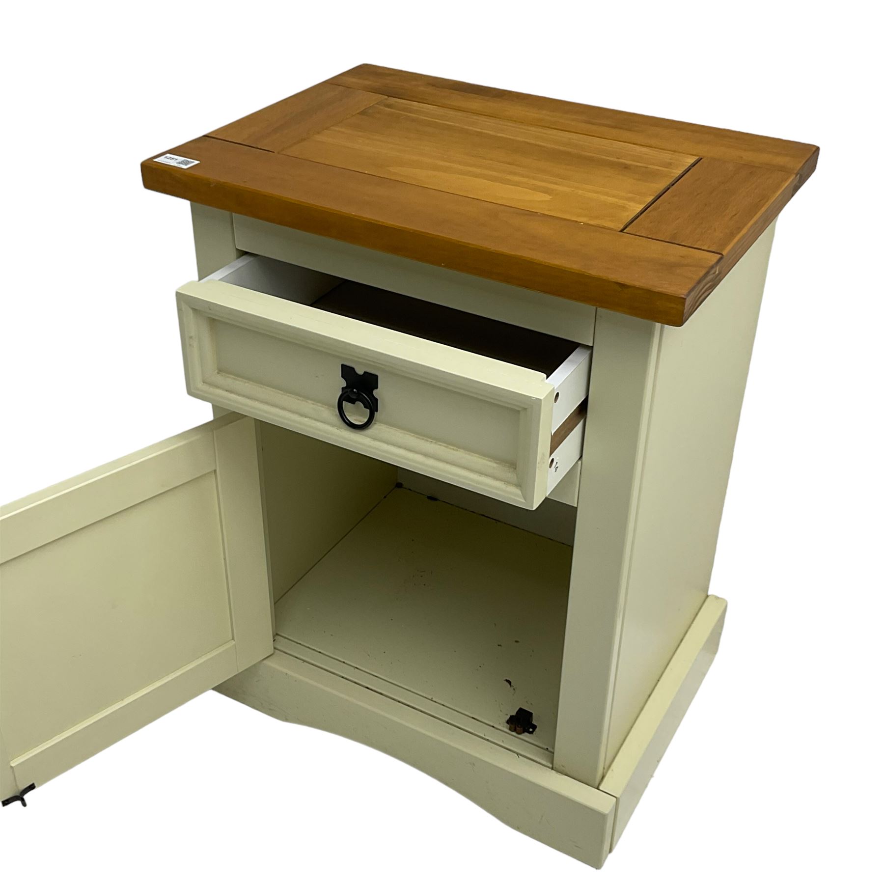 Painted pine bedside cupboard, rectangular top over single drawer and panelled cupboard, on skirted base