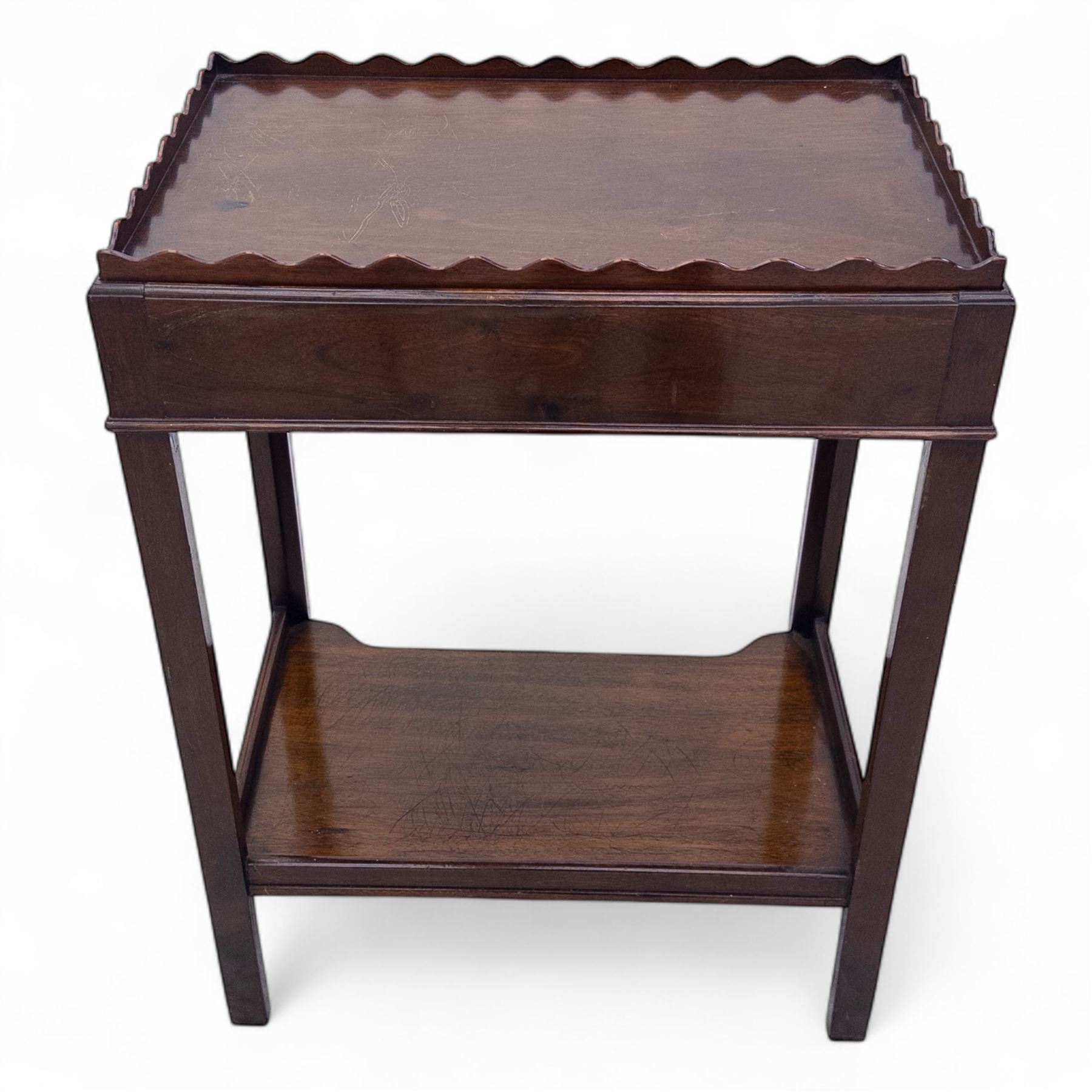 Living room items, comprising an 18th century design mahogany tray top table, the removable tray with shaped gallery, brass carrying handles and undertier stand, together with a French side chair with upholstered seat and X-stretcher base (Table H 74cm, W 54cm, D 36cm, chair H 94cm, W 41cm, D 42cm)