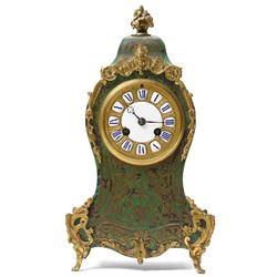 Late 19th century mantel clock in stained green tortoiseshell Boulle work case with white ...
