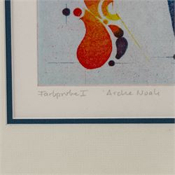 Hans-Joachim 'Jockel' Reisner (German 1938-2023): 'Arche Noah' and Geometric Abstract, pair of coloured etchings signed and dated 1998 and 2003, one titled in pencil 22cm x 15.5cm (2)
Notes: Reisner is best known for creating the Bradford City Fire Memorial in 1986. His style of printmaking is characterised by geometric lines and shapes, influenced by his degree in engineering.