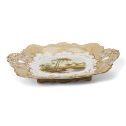 Davenport porcelain dessert plate, painted with a figure and cottage in a rural landscape, within a raised gilt border, D24cm, a 19th century English porcelain twin handled dessert dish, together with an early 19th century porcelain cabinet plate, painted with a river landscape within a gilt border, possibly Derby, unmarked, D22cm (3)