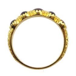 Silver-gilt five stone rhodolite garnet ring, stamped sil