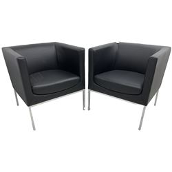 Orangebox - pair of contemporary 'Drift' tub armchairs, upholstered in blakc faux leather, on chrome supports