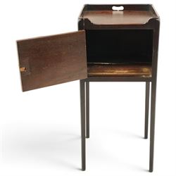 George III mahogany bedside pot cupboard, rectangular tray top with raised three-quarter gallery with pierced handles, fitted with single cross-banded cupboard, on square tapering supports