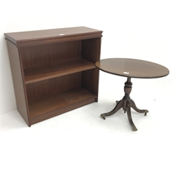 Sydney Smith narrow mahogany open bookcase, single shelf, platform base (W79cm, H75cm, D31cm) and a pedestal oval table (2)