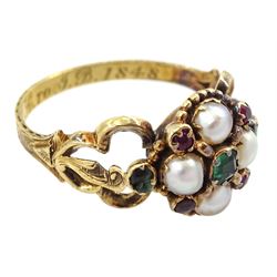 Victorian 15ct gold split pearl, green and red stone set flower head cluster ring, the underside with plaited hairwork, openwork design shoulders and engraved foliate band, the inner band inscribed W.H. To J.B. 1848