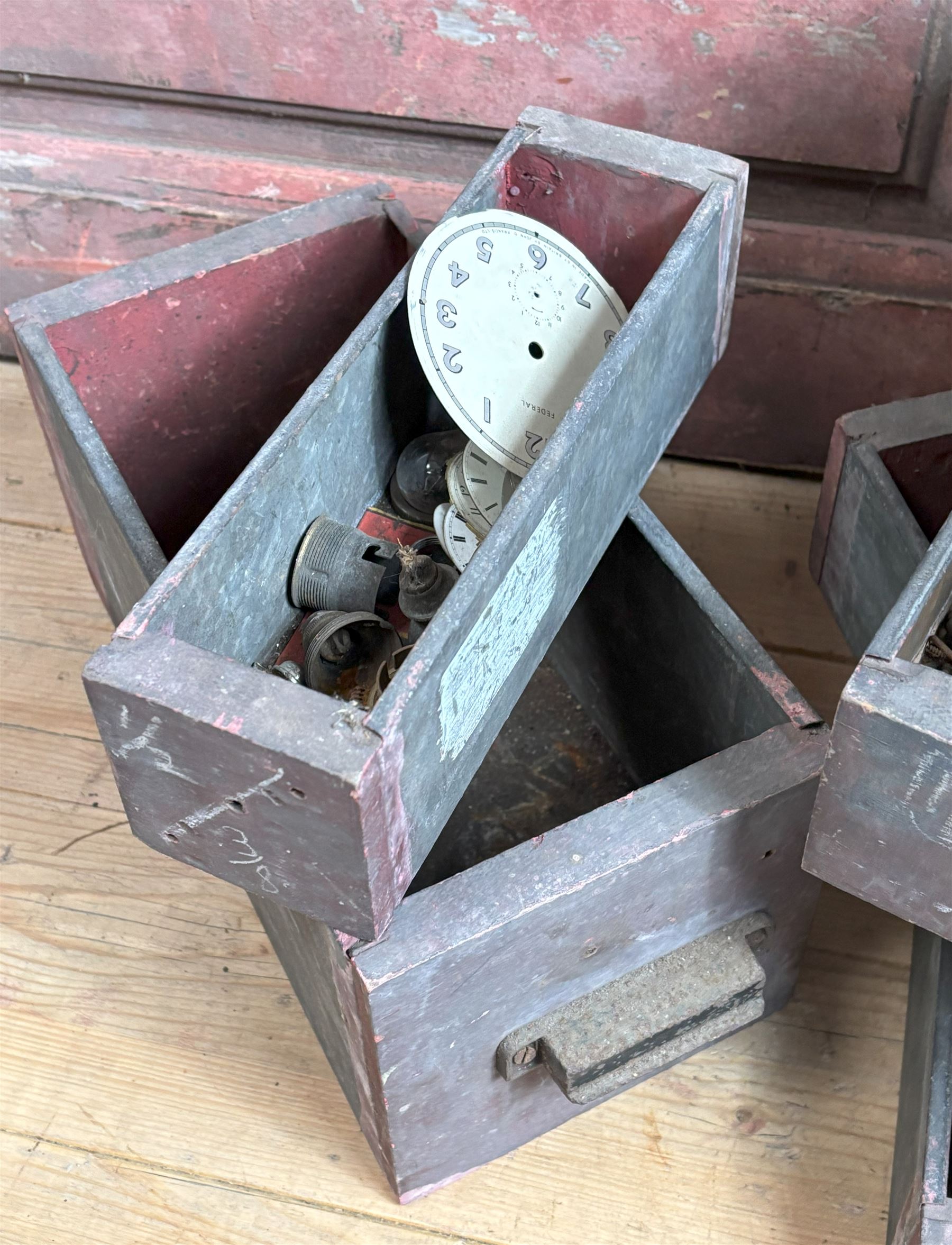 Collection of galvanised metal and wood workshop parts drawers and contents, early / mid 20th century.  - COLLECTION BY APPOINTMENT FROM: The White House, Thirsk Road, Easingwold, York, YO61 3NF - CALL 01723 507111 TO ARRANGE