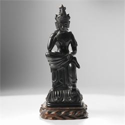 Japanese early 20th century bronze figure of Miroku Bosatsu, on naturalistic hardwood base, H31cm