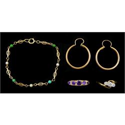 9ct gold jewellery including five stone amethyst ring, pair of hoop earrings, three stone diamond chip ring and a turquoise and pearl link bracelet