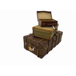 Three vintage cases, including an early 20th century wooden bound suitcase 