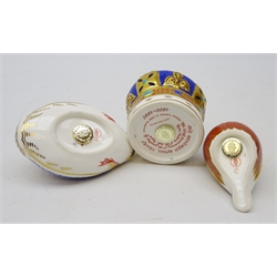  Three Royal Crown Derby paperweights: One Hundred Royal Years ltd. ed. crown, Duck and Bird, all gold stoppers (3)  