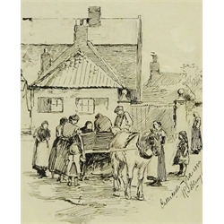 Robert Jobling (Staithes Group 1841-1923): 'Cullercoats' figures gathered round a horse and cart, pen and ink signed titled and dated 1889, 18cm x 15cm
Provenance: with T.B. & R. Jordan Fine Art Specialists Yarm, label verso