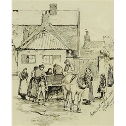 Robert Jobling (Staithes Group 1841-1923): 'Cullercoats' figures gathered round a horse and cart, pen and ink signed titled and dated 1889, 18cm x 15cm
Provenance: with T.B. & R. Jordan Fine Art Specialists Yarm, label verso