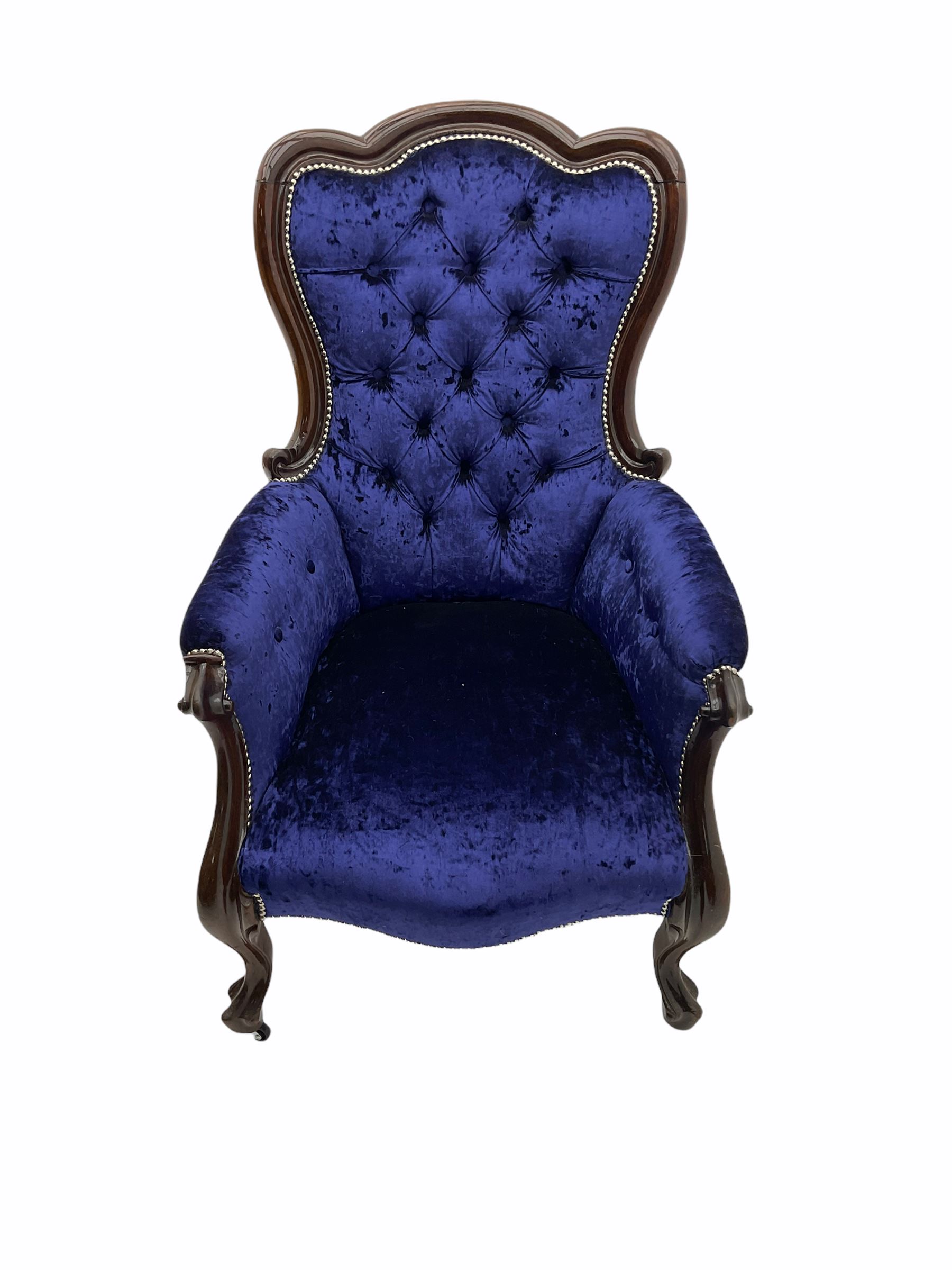 Victorian style mahogany framed armchair, upholstered in blue crushed velvet studded fabric