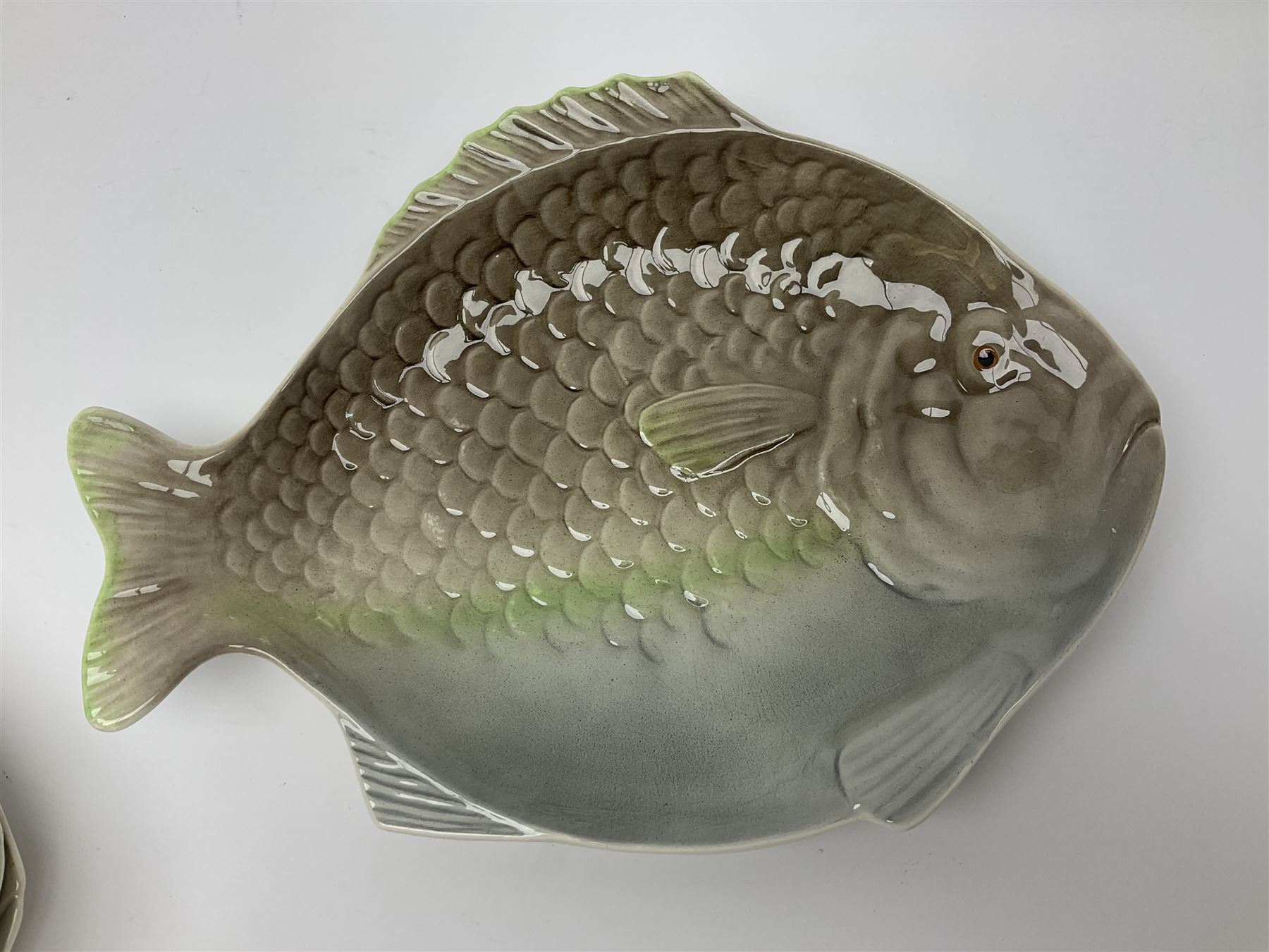 Shorter & Son six fish plates, together with a larger platter and sauce boat and saucer, all with stamped marks beneath