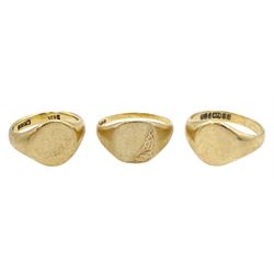 Three 9ct gold signet rings, stamped or hallmarked