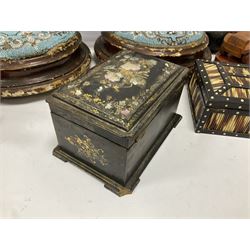 Victorian papier mache and mother of pearl inlaid tea caddy, the hinged cover with foliate inlaid decoration lifting to reveal compartmented interior, two Victorian beadwork footstools, together with quantity of treen to include book trough with carved ship detailing etc