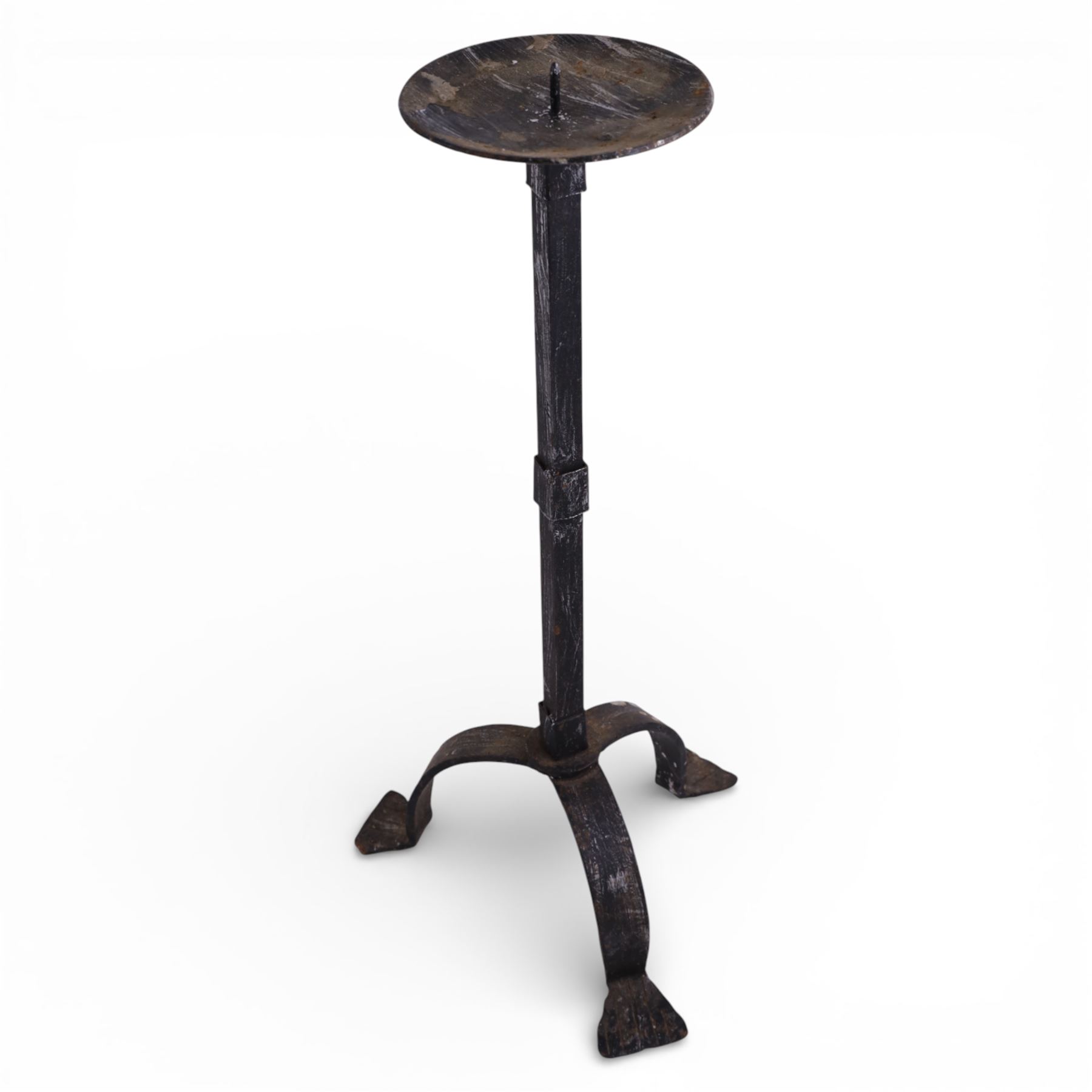 Black metal four branch candelabra, H56.5cm, together with a wrought iron style picket candlestick upon three feet, H45.5cm, and a further four branch example, H39cm