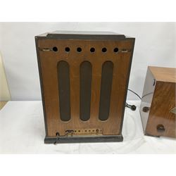 Two 1930s radios, comprising Art Deco Lotus valve example with copper fixtures, H50cm W37cm  together with a Swan Aerodyne example decorated with inlay