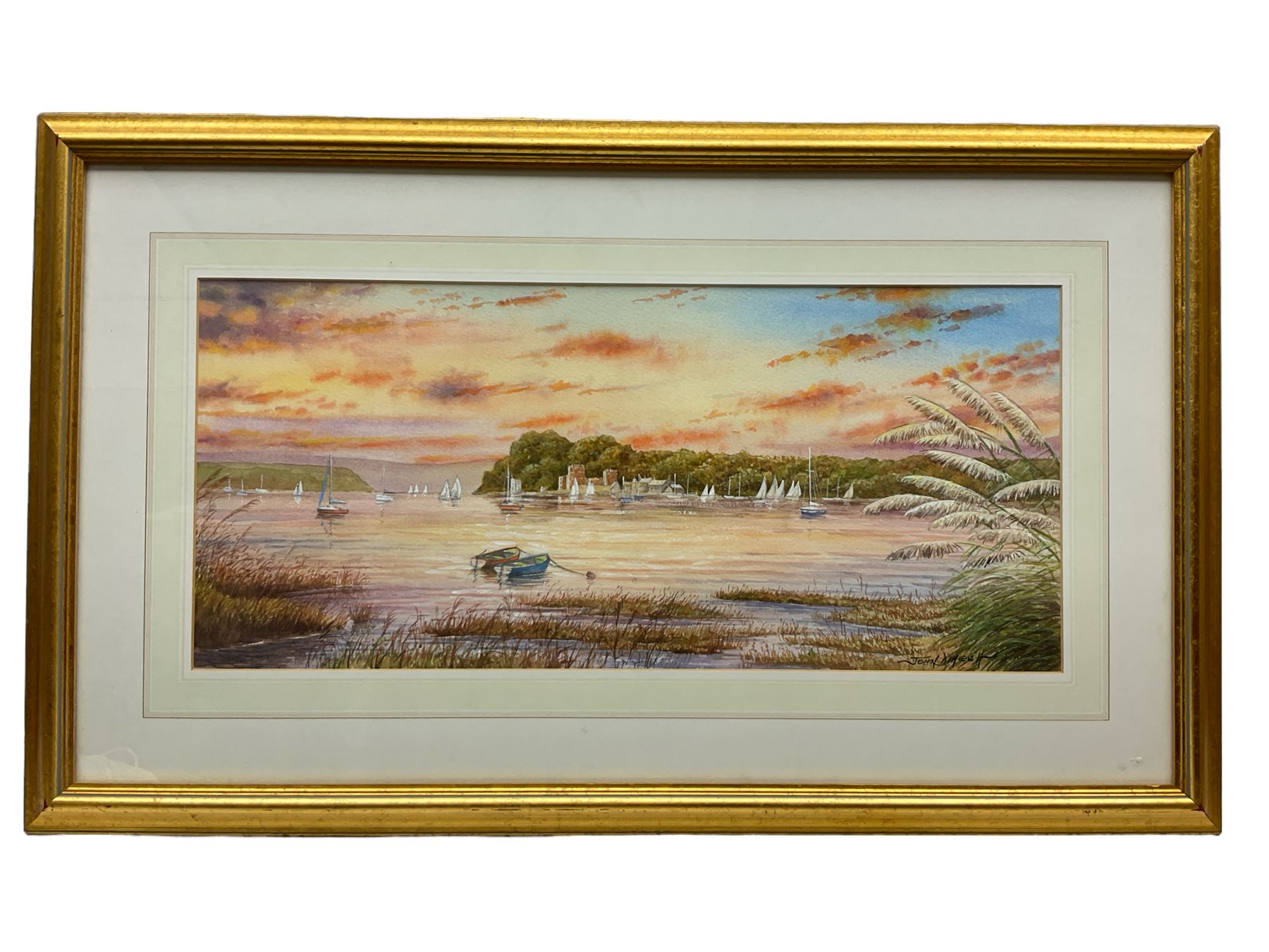 John Dimech (British 20th century): Poole Harbour, watercolour signed 25cm x 55cm