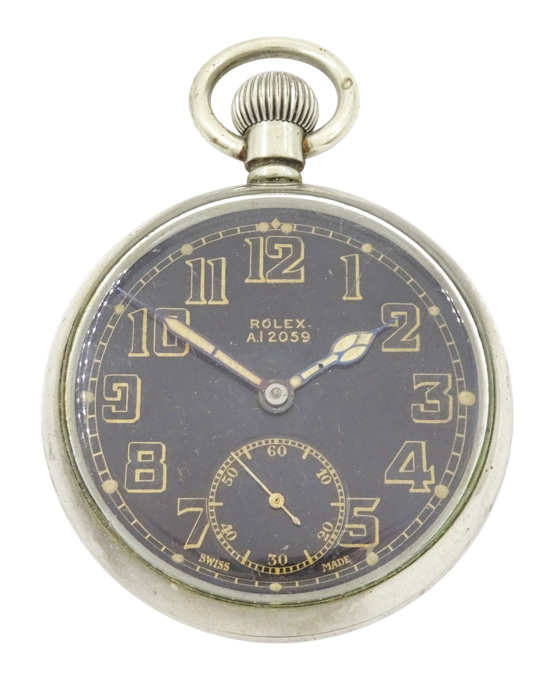 Rolex WWII military issue nickle plated, open face keyless lever pocket watch, Cal. 540, black dial with Arabic hour markers and subsidiary seconds dial marked A.12059, screw back case with broad arrow and markings A.10760 G.S.MKII