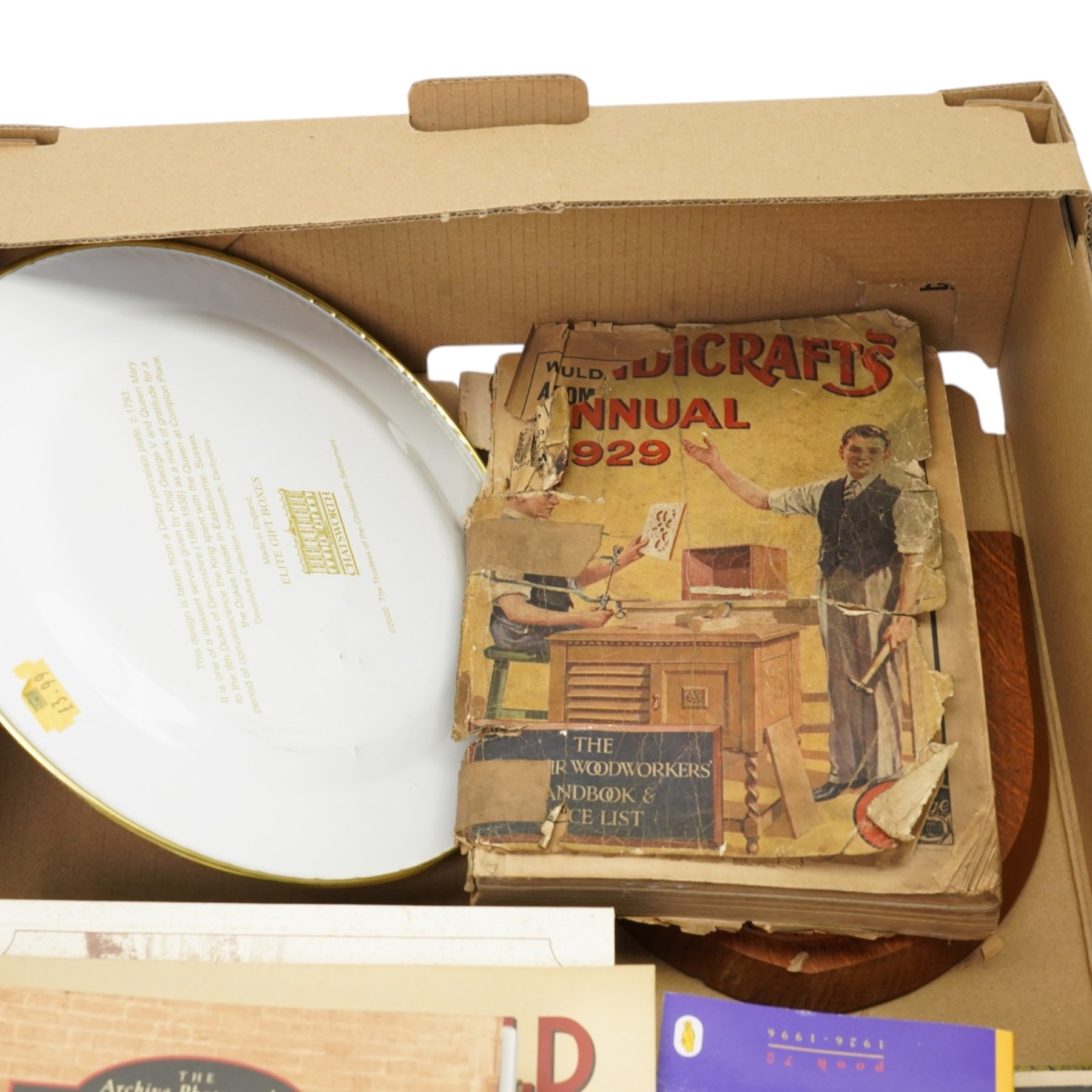Various collection, including F.Remington's 'Rattlesnake', Royal Doulton Bunnykins plate, bowl mug and egg cup, three Corgi Die-Cast Model cars, Lenox China jewels Collection dolphin, two telescopes,  various local history books on Huddersfield and Yorkshire, Modern Wall Hanging Clan Crest for Elliot etc,  contents in two boxes 