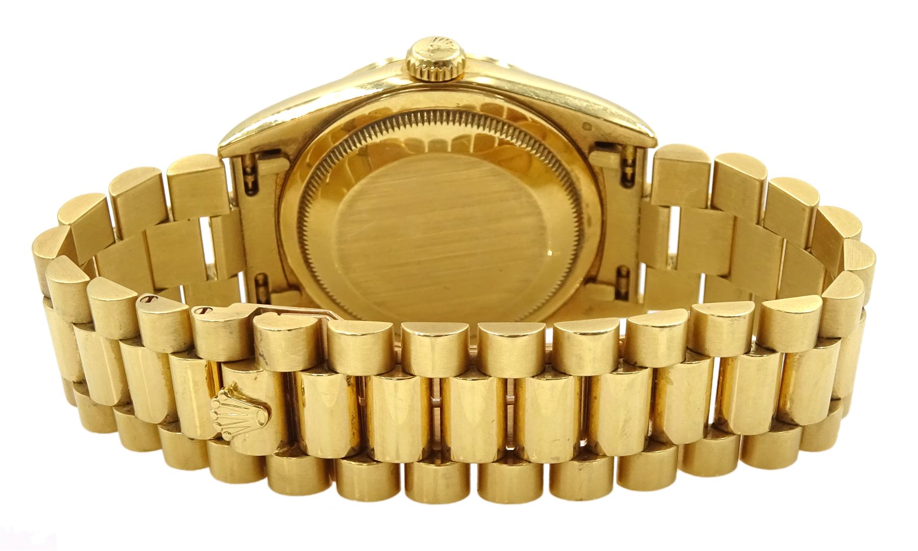Rolex Oyster Perpetual Day-Date gentleman's 18ct gold wristwatch, circa 1996, Ref. 18238, serial No. T276856, cream pyramid Roman dial, on 18ct gold Presidential bracelet with fold-over clasp