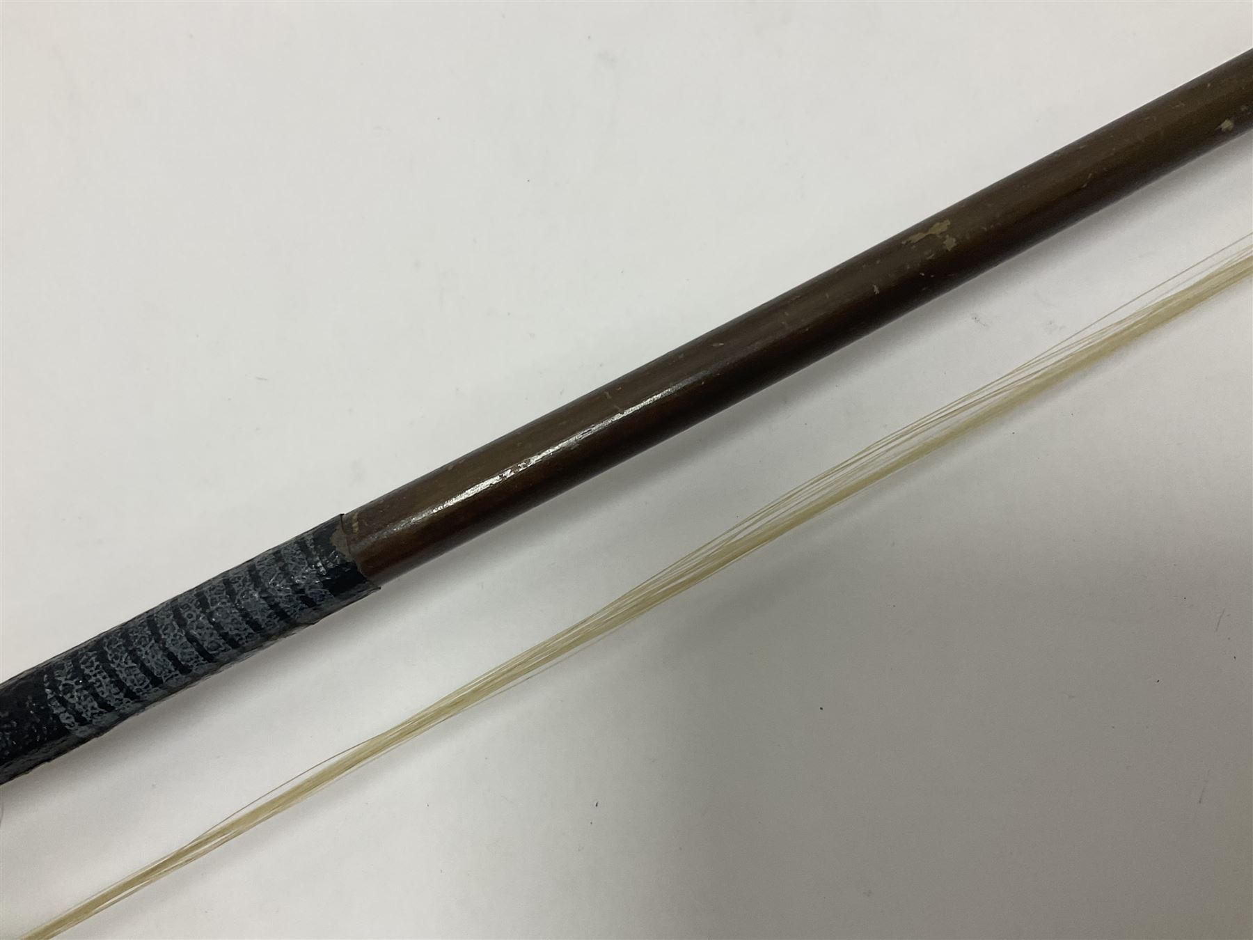 Wooden double bass bow with a mother of pearl inlay to the frog Length 71cm