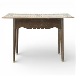 Arts and Crafts oak table, the rectangular top decorated with incised and carved scrolling...