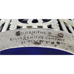 Silver mustard and pepperette by Goldsmiths & Silversmiths Co Ltd, London 1919 and a pierced silver salt hallmarked