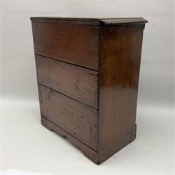 Miniature mahogany chest of draws, fitted with three long drawers with metal handles, H38cm