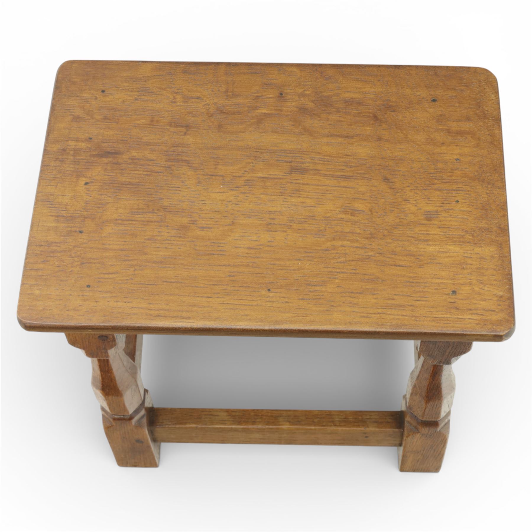 Sid Pollard of Thirsk - oak joint stool, the rectangular top with rounded corners over turned block supports united by stretchers 