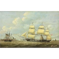 William Griffin of Hull (British fl.1837-1883): 'Whaling Ships Jane and Harmony off the Port of Hull with Holy Trinity Church in the distance', oil on panel signed and indistinctly dated 1837 l.l., labelled verso with history of ships 50cm x 79cm
Provenance: private collection purchased Christies 26th May 2004 Lot 603; with Colin Denny Ltd. Specialists in marine works of Art, Chelsea Green, London; probably painted to celebrate the end of the Jane's whaling career and the survival of both vessels from the severe conditions of the 1836 season where the 'Middleton' was wrecked, the 'Jane' was known as a Bethel ship having frequent religious services on board conducted the mate/preacher Stephen Wilson. Illustrated in Marine Painting in Hull Through Three Centuries' by Arthur Credland pub. Hull City Museums 1993, pp. 168
