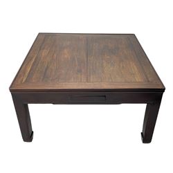 Fine 19th century Chinese Qing dynasty hmong wood mahjong or coffee table, Ming design, square top with raised moulded lip, each side fitted with small drawer, on square supports with hoof feet